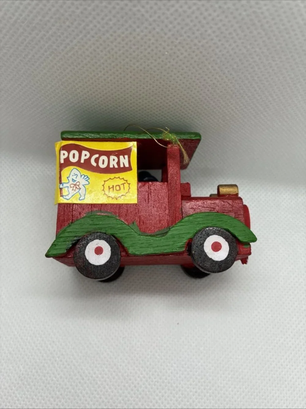 Vintage Wooden Popcorn Wagon Christmas Ornament Handcrafted Train Cart